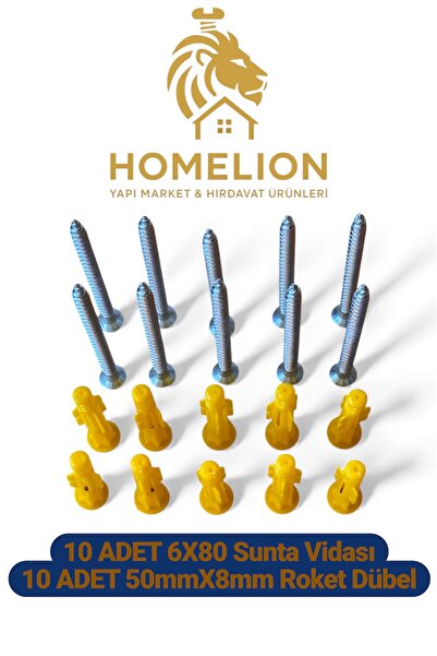 HOMELION 10 Adet 6x80 Sunta Vidası + 10 Adet 8mm x 50mm Roket Dübel Seti | Du...