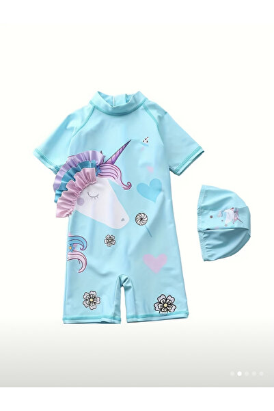 MODA Kız bebek unicorn baskılı kısa kollu tulum mayo, sevimli tasarım ve uyum...