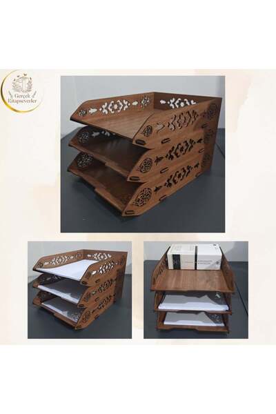 ZV Tasarım Atölyesi Ahşap 3 Katlı Dekoratif Evrak Rafı Model 1 - Akçaağaç & Ceviz Renk - Masa Düzenleyici