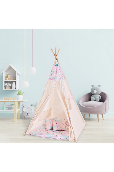 Kidizi Cort copii stil indian Teepee Tent Pink Moon, include covoras gros si 2 perne