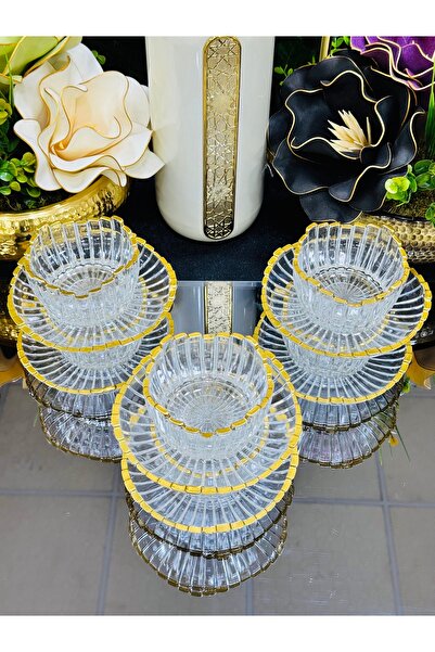 EVRA 6 Kişilik 12 Parça Gold Yeni Model Yeni Seri Cam Tabaklı Çerez Takımı