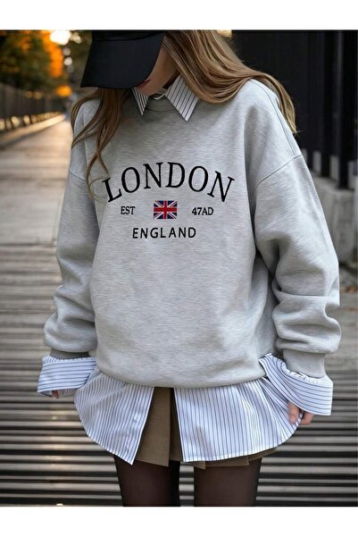 WESTİMO Women's Gray London Est Printed Oversized Crew Neck Sweatshirt