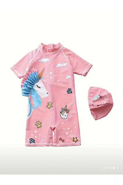 MODA Kız bebek unicorn baskılı kısa kollu tulum mayo, sevimli tasarım ve uyum...
