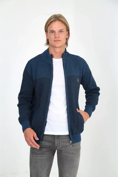 Kokosh moda Men's Zippered Knitwear Cardigan High Collar, Pockets, Casual Stylish Comfortable Fit Knitwear - Blue