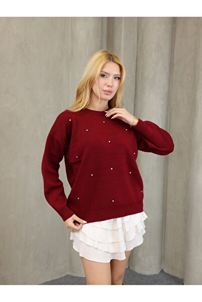 GRODYT Zero Neckline Stone Detailed Knitwear Women's Sweatshirt Off-The-Shoul...