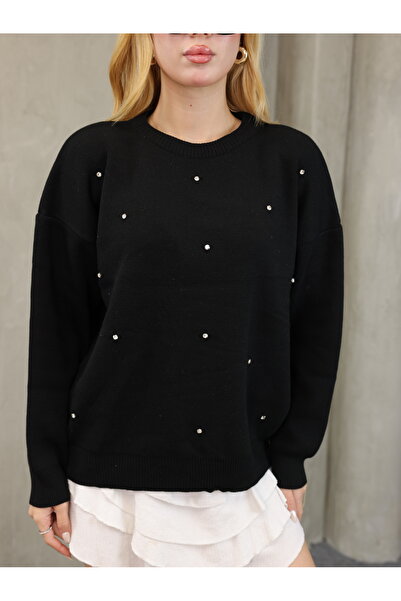 GRODYT Zero Neckline Stone Detailed Knitwear Women's Sweatshirt Off-The-Shoul...