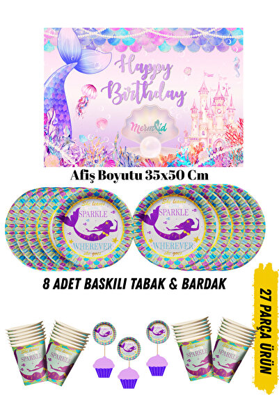HAPPYLOOPPARTY Deniz Kızı Temalı Doğum Günü Tabak , Bardak , Afiş Seti