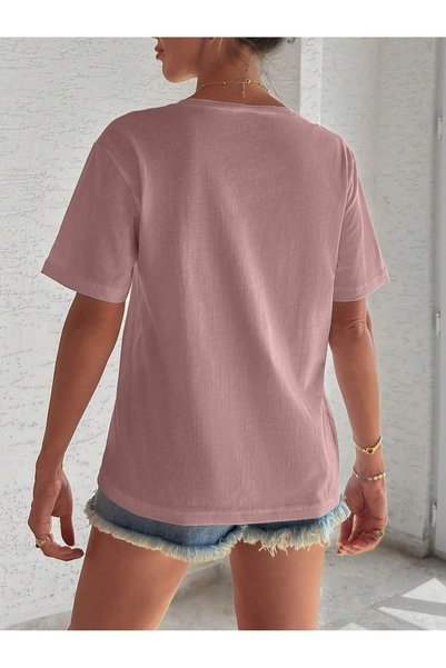 WESTİMO Women's Pink Pocket Flower Detailed Printed Oversized T-Shirt