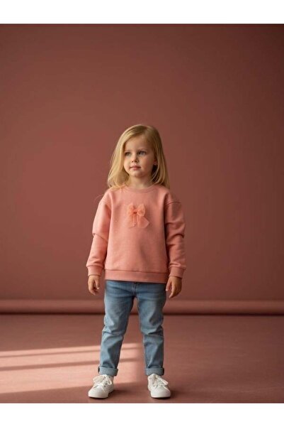 Zekids Baby Girl Cotton Stone Bow Detailed Oversized Design Sweatshirt