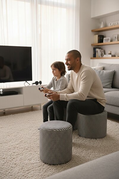 Framgan Siyah Beyaz Kaz Ayağı Desenli Modern Puff