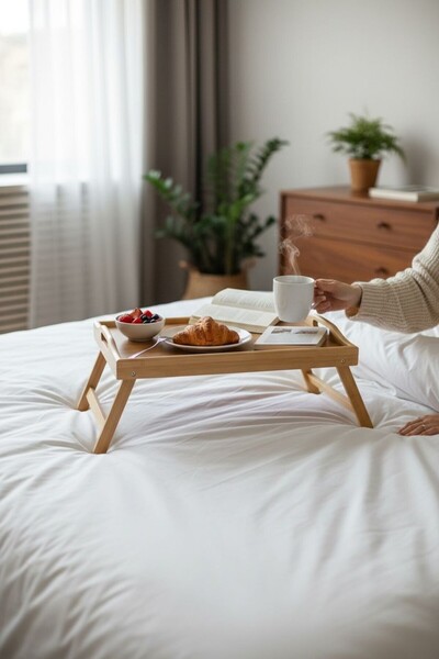 Trendylife bambu ayaklı servis tepsisi - yatak servis tepsisi orta boy 40x25 cm.