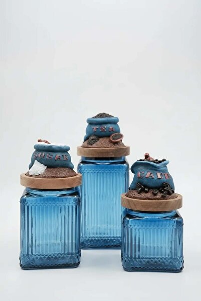Handan UZUNOĞLU Wooden Vacuum Lid Glass Tea Coffee Sugar 3-Piece Jar Set