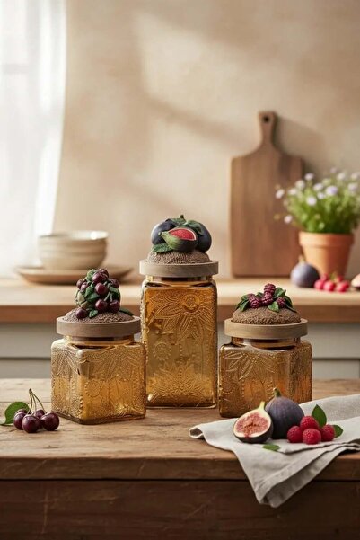Handan UZUNOĞLU Wooden Vacuum Lid Glass 3-Piece Jar Set