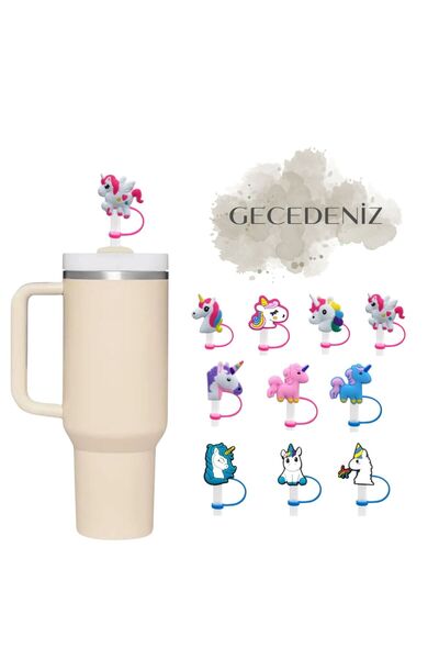 GECEDENİZ Termos Uyumlu Pipet Tıpası Unicorn Pegasus Renkli Kalpli