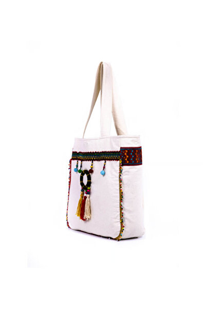 İSTANBULSTYLEMODA Geantă de umăr cu ciucuri colorate crem CNT141225