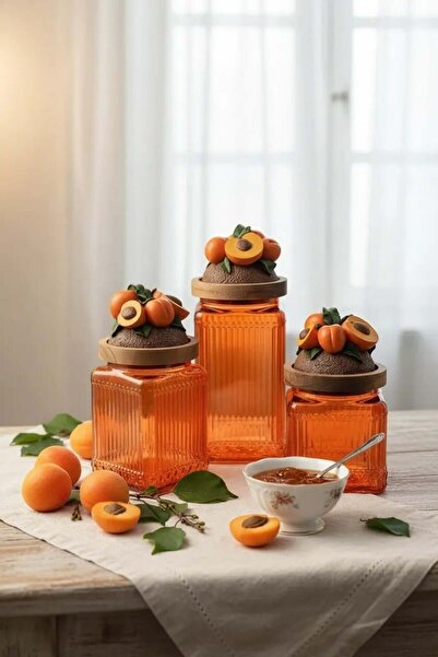 Handan UZUNOĞLU Wooden Vacuum Lid Glass 3-Piece Jar Set Apricot