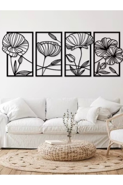 shirtways POPPY FLOWER 4’lü SET AHŞAP&MODERN DUVAR DEKORASYON ÇERÇEVESİ