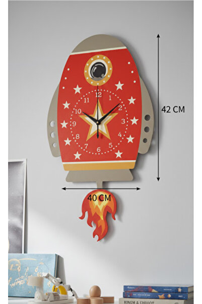 Ste Desing Uzay Temalı Roket Duvar Saati (40x41cm) | Çocuk ve Genç Odası | Se...
