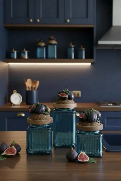 Handan UZUNOĞLU Wooden Vacuum Lid Glass 3-Piece Jar Set Fig