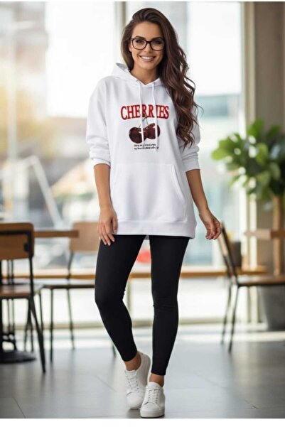 LiyAdaCo Hanorac alb pentru femei supradimensionat Cherries cu imprimeu Swea ...