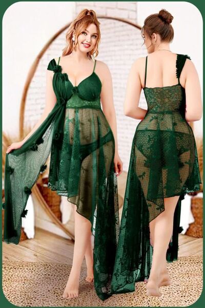 Nice Model Sheer Mesh Slip Dress Floral Embroidered Nightdress with Drape Wom...