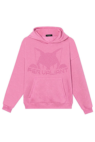 Fer Valiant سويت شيرت للجنسين كات ستون مطبوع قصة فضفاضة بغطاء رأس