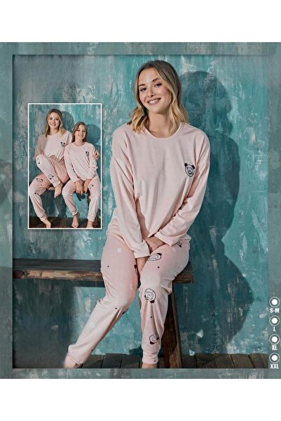 İpek Women's Long Sleeve Crew Neck Teddy Bear Pattern Velvet Pajama Set