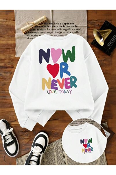 WESTİMO Women's White Now or Never Printed Oversized Crew Neck Sweatshirt