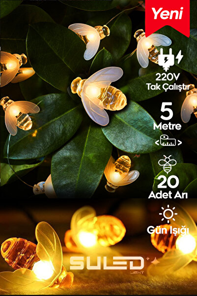 SULED 5 Metre Led Işık 20 Adet Arı Figürlü 220V Fişli - Tak Çalıştır İç ve Dış Mekan Süsleme Işıkları