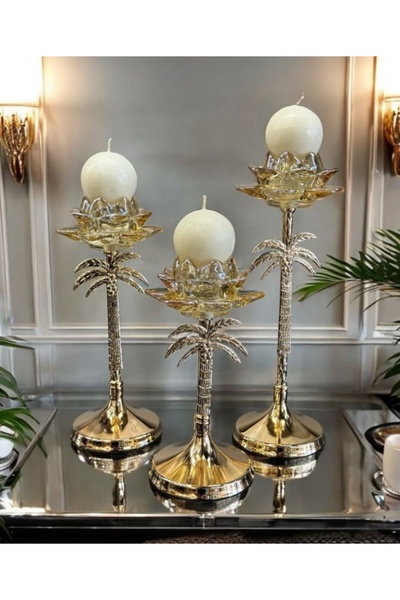 Krkluxury 3'lü Palmiye Şamdan,Mumluk Gold