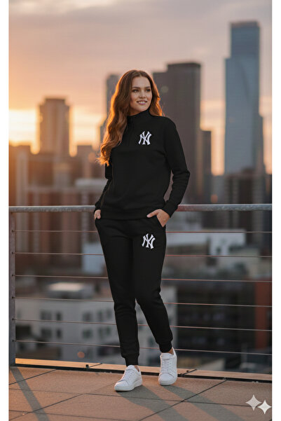 LiyAdaCo Set de trening unisex NY cu imprimeu cu jumătate de fermoar, negru, sus și jos - îmbrăcăminte confortabilă din material premium