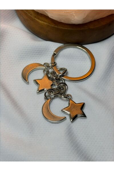anahtarlık evreni Silver Gray Colored Metal Keychain in the Shape of the Moon...