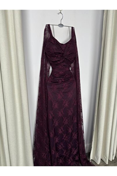 EVENTTANA فستان دانتيل عنابي فخم من ايفنتانا