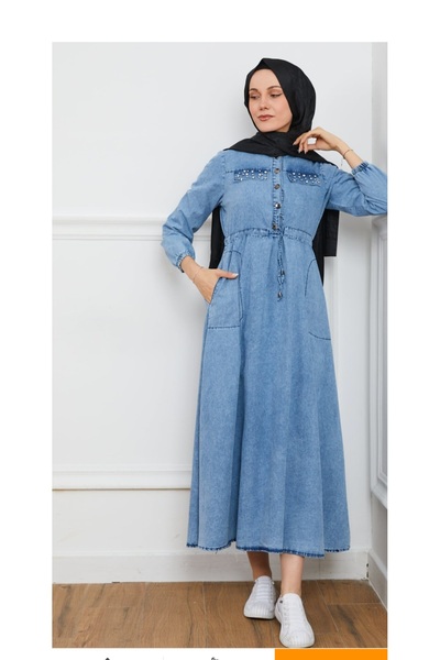 ZENNE TOPTAN Taş detaylı büzgülü elbise açık mavi
