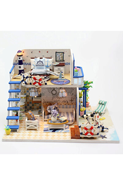 OEM Blue Coast dollhouse, DIY model, with LED, decorative accessories and miniature furniture