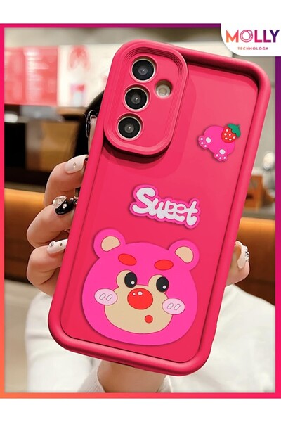 Molly Magenta Edges Thick 3D Embossed Strawberry Bear Silicone Case for Samsu...