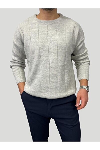 HAVANO Men's Oversized striped knitwear crew neck sweater - gray