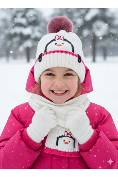 STELLA VESTİNO Penguin Figured Knitted Children's Scarf, Beanie and Gloves Se...