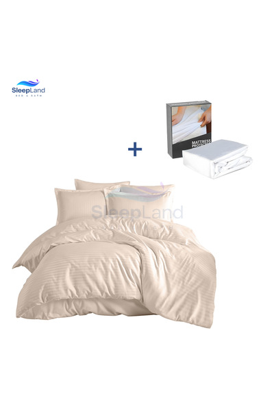 SLEEPLAND بكج مفرش فندقي لون بيج مع طقم عازل مخدة مع عازل مرتبة