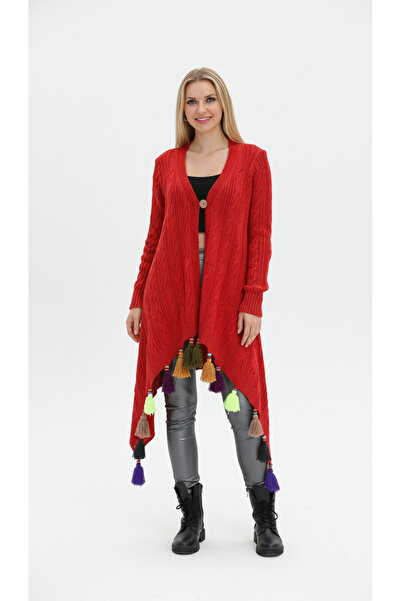 SHOPPEBUTİK Tasseled Bohemian Asymmetrical Cotton Cardigan – Standard Size Loose Knitwear (36-48)