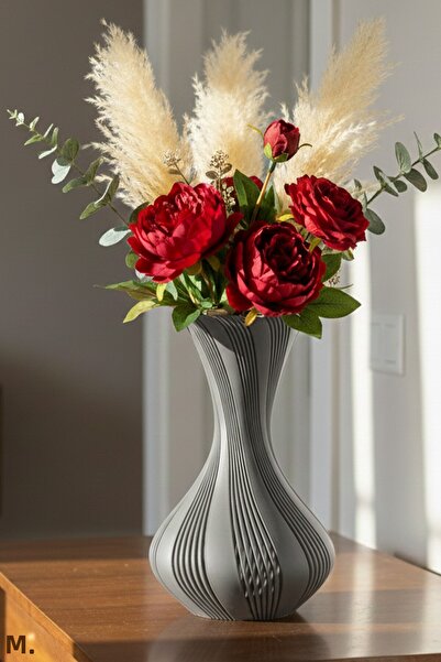 MEK مزهرية بلاستيكية أنيقة مخططة باللون الرمادي (24×15 سم)