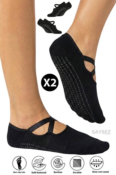 SAYSEZ Bamboo Women's Black Non-Slip Sole Silicone Print Pilates Yoga Fitness Dance Activity Ballet Socks 2-Piece