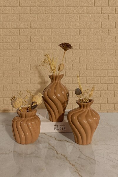 Zigzag Home Decorative 3 Piece Twist Art Bohemian Style Vase Set Flower Vase Figurine Set Light Brown