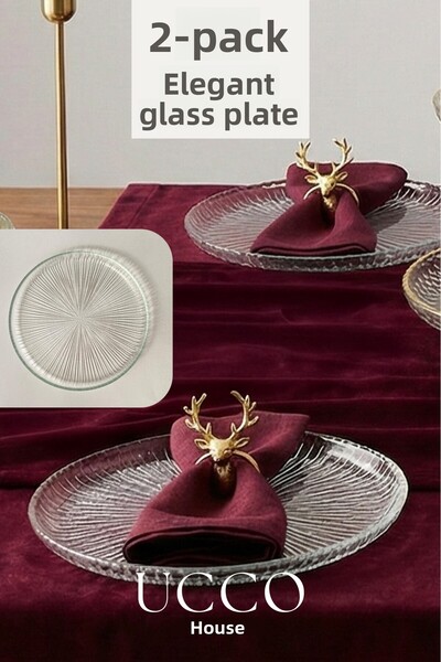 UCCO Elegant Striped Set of 2 Glass Serving Plates 26 cm |   Premium Service & Elegance |   Daily Plate |   Line