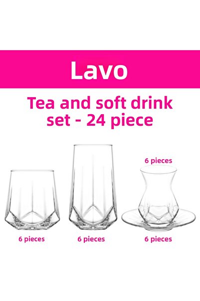 LAV Alya Glass Dowry Set 24 Pieces (6 Tea Cups, 6 Tea Saucers, 6 Soft Drink G...