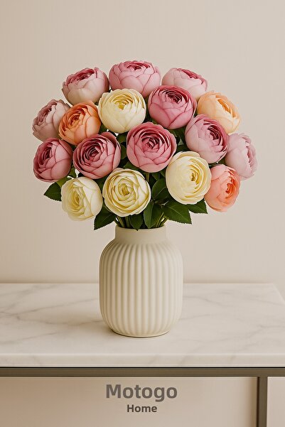 Mottogo Buchet de flori artificiale cu 20 de capete de bujor colorat – Aranjament plin și realist – Cadou și poate fi scris pe el