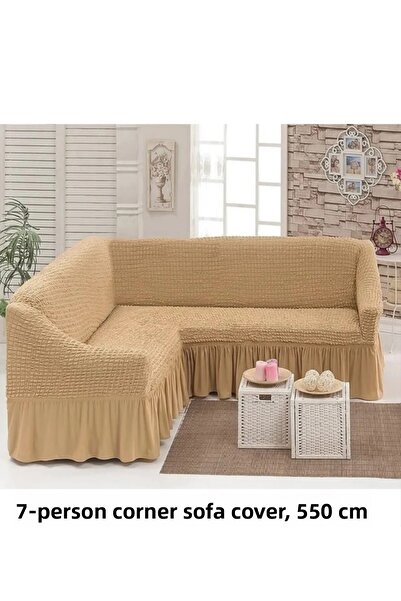 upmall أريكة زاوية لـ 7 أشخاص، غطاء أريكة، غطاء مقعد، مطاطي، مع تنورة، زاوية على شكل L 550 سم