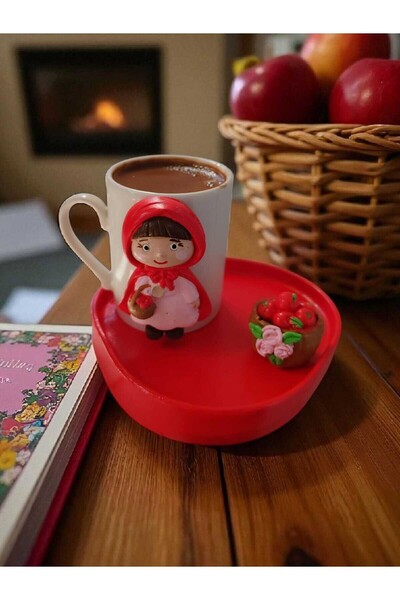 RivelCandle طقم فناجين قهوة تركية مصنوعة يدويًا بتصميم فتاة ذات غطاء أحمر - ط...