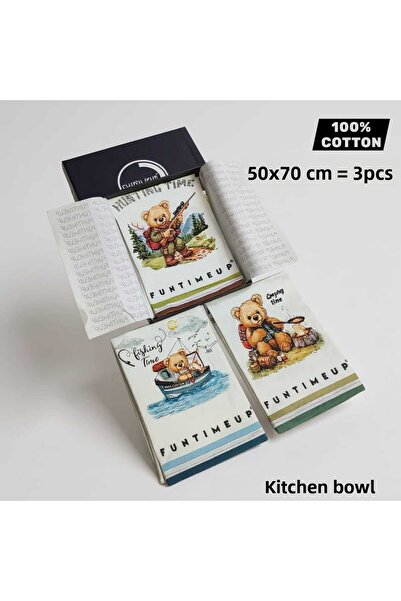 NikAr Home 3-Piece Kitchen Towel 100% Cotton 50×70 cm Gift Teddy Bear Printed