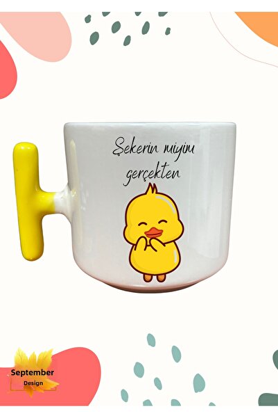 Eylül Design كوب بتصميم خاص بمقبض على شكل حرف T، مقبض أصفر، تصميم لطيف على شك...